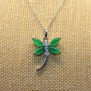Nephrite Dragonfly Pendant Silver tone Chain Jade
